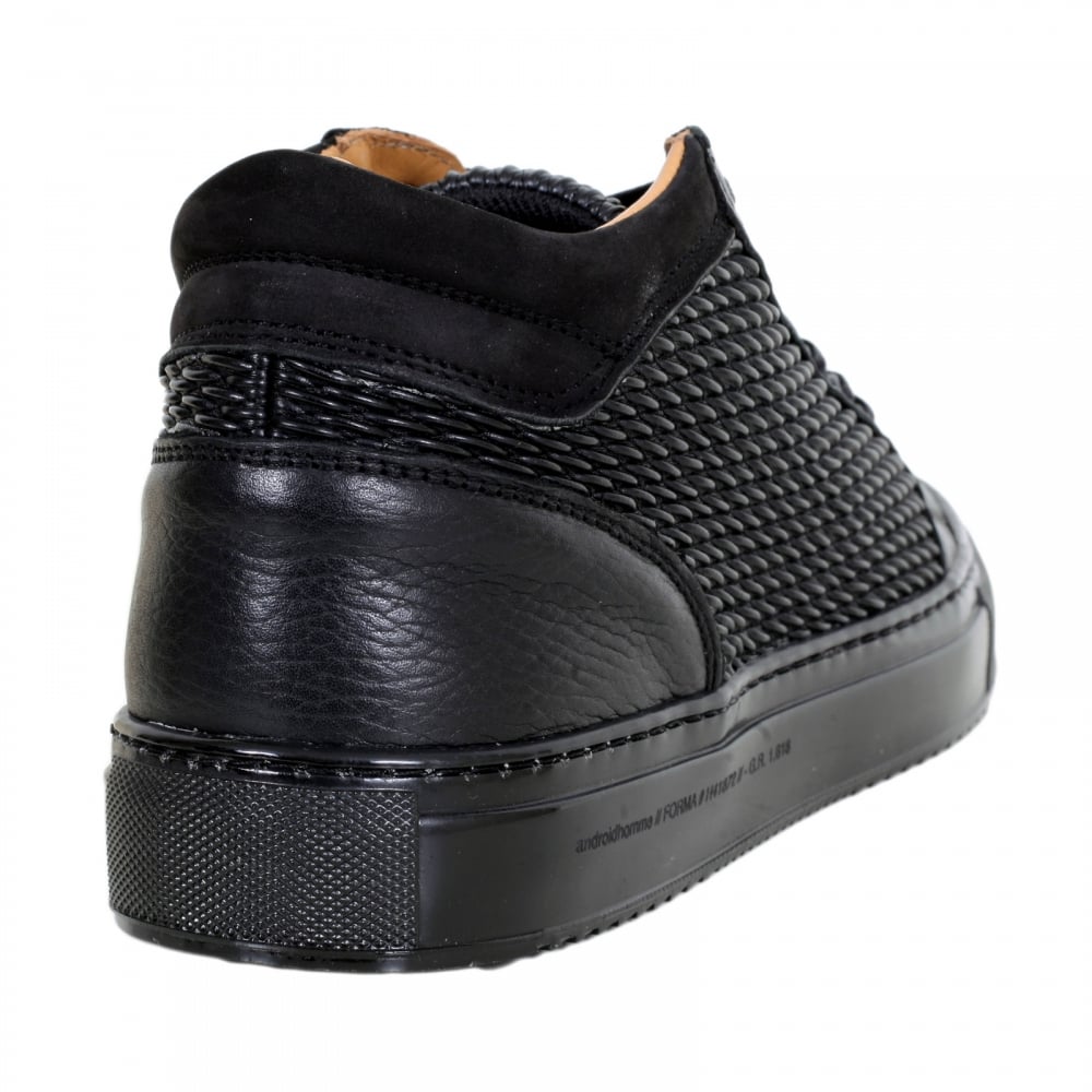 Black Leather Propulsion Mid Top Trainers with Two Pairs of Gold Branded Lace Eyelets