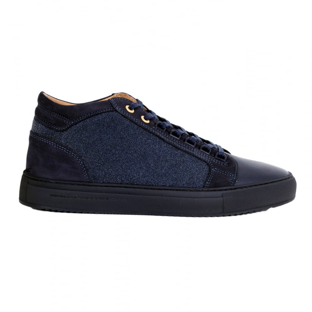 Navy Mid Top Propulsion Trainers with Two Pairs of Brand Embossed Gold Eyelets