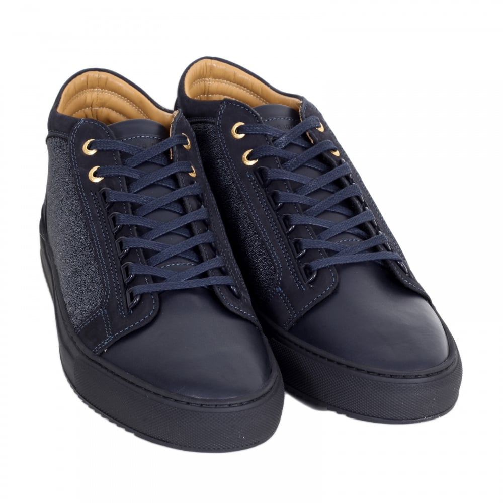 Navy Mid Top Propulsion Trainers with Two Pairs of Brand Embossed Gold Eyelets