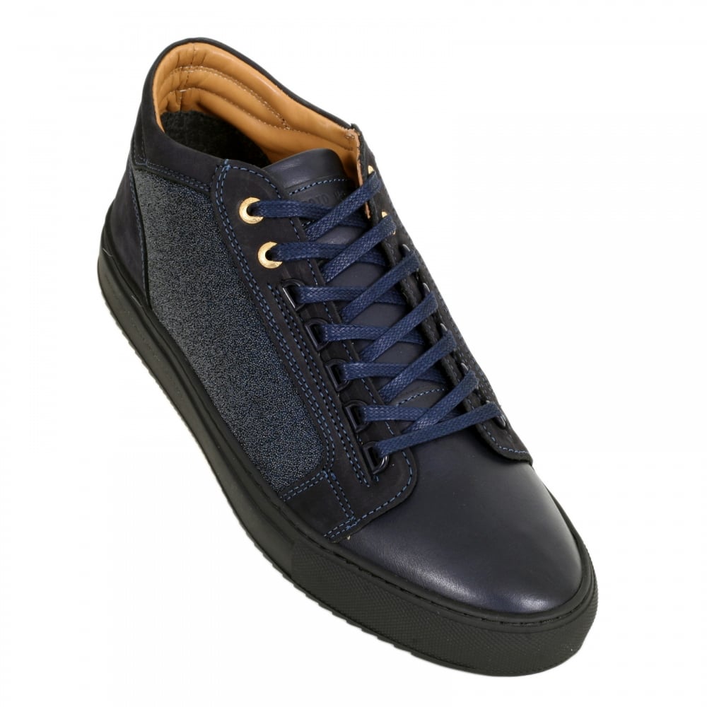 Navy Mid Top Propulsion Trainers with Two Pairs of Brand Embossed Gold Eyelets