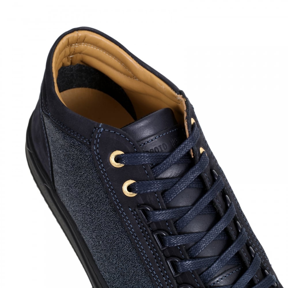 Navy Mid Top Propulsion Trainers with Two Pairs of Brand Embossed Gold Eyelets