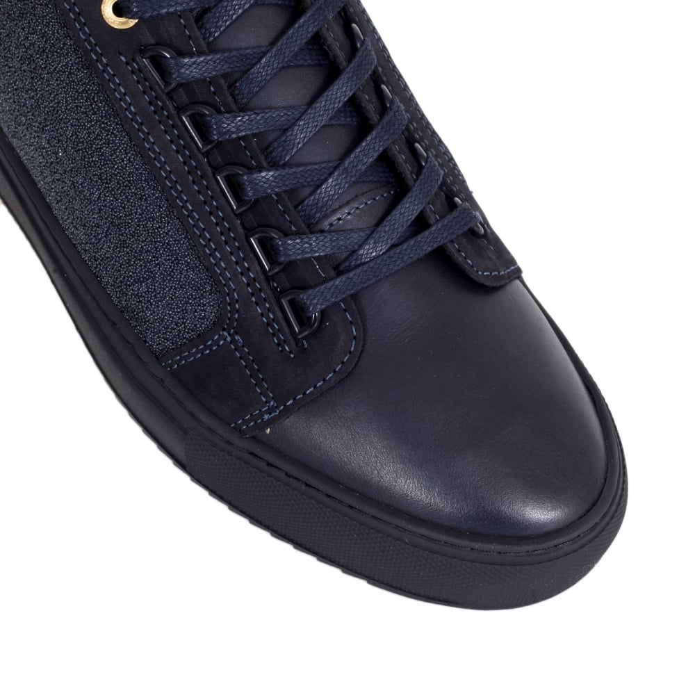 Navy Mid Top Propulsion Trainers with Two Pairs of Brand Embossed Gold Eyelets