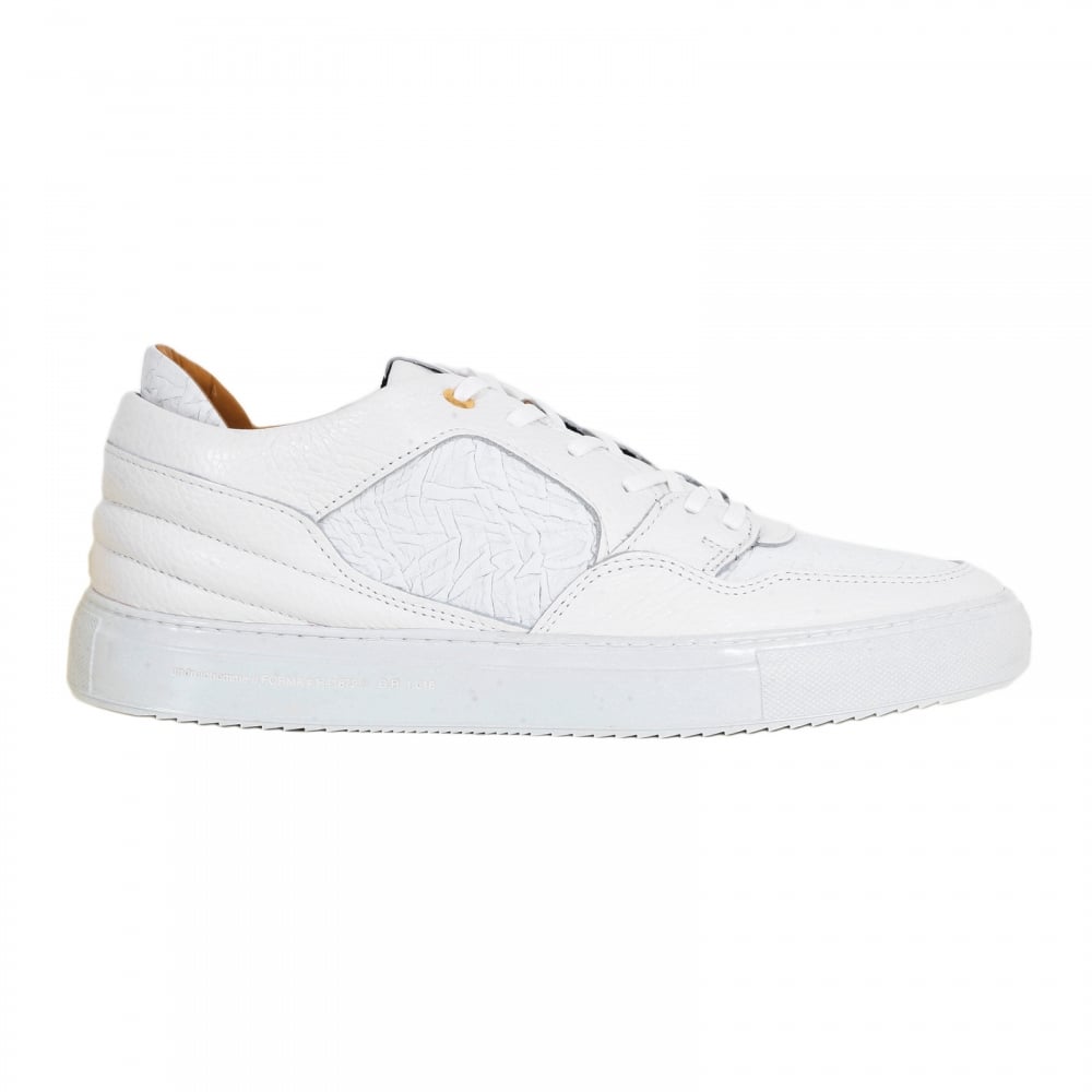 Omega Mens White Sneakers with Crinkled Leather Toe Box, Heel and Side Panels