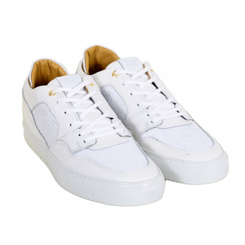 Omega Mens White Sneakers with Crinkled Leather Toe Box, Heel and Side Panels