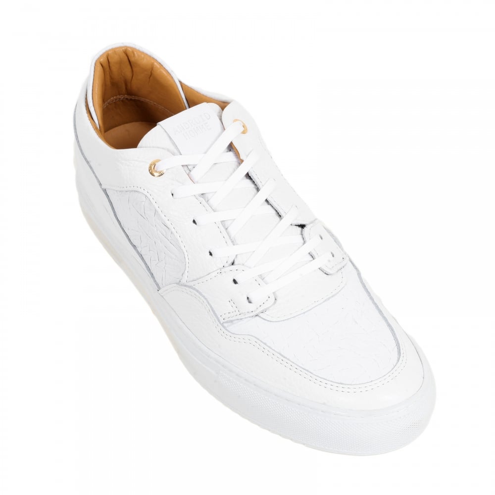 Omega Mens White Sneakers with Crinkled Leather Toe Box, Heel and Side Panels