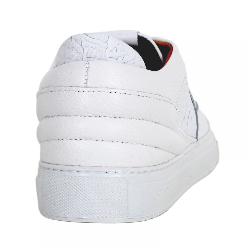 Omega Mens White Sneakers with Crinkled Leather Toe Box, Heel and Side Panels