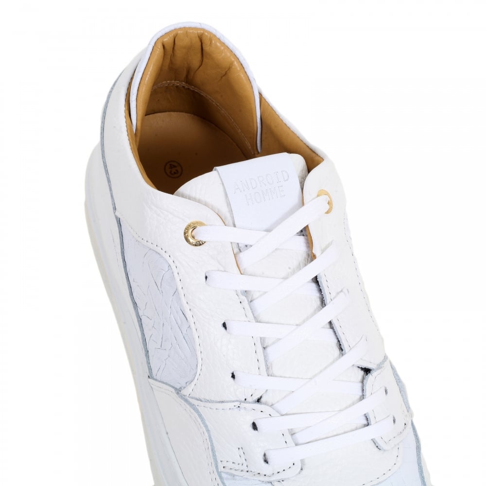 Omega Mens White Sneakers with Crinkled Leather Toe Box, Heel and Side Panels