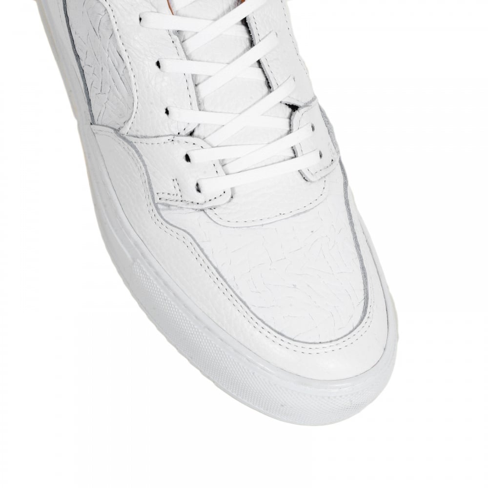 Omega Mens White Sneakers with Crinkled Leather Toe Box, Heel and Side Panels