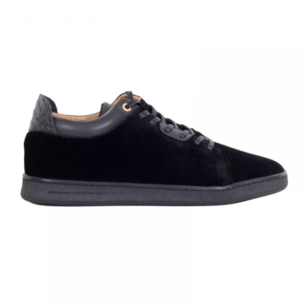 Black Velvet Getty Low Top Trainers with Python Embossed Back Heel Panel and Gold Branded Lace Eyelets