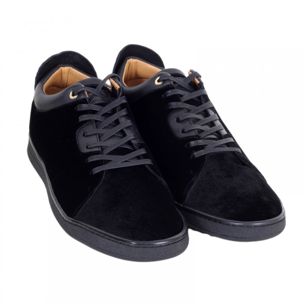 Black Velvet Getty Low Top Trainers with Python Embossed Back Heel Panel and Gold Branded Lace Eyelets