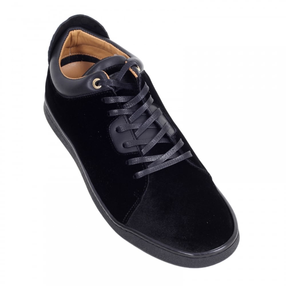 Black Velvet Getty Low Top Trainers with Python Embossed Back Heel Panel and Gold Branded Lace Eyelets