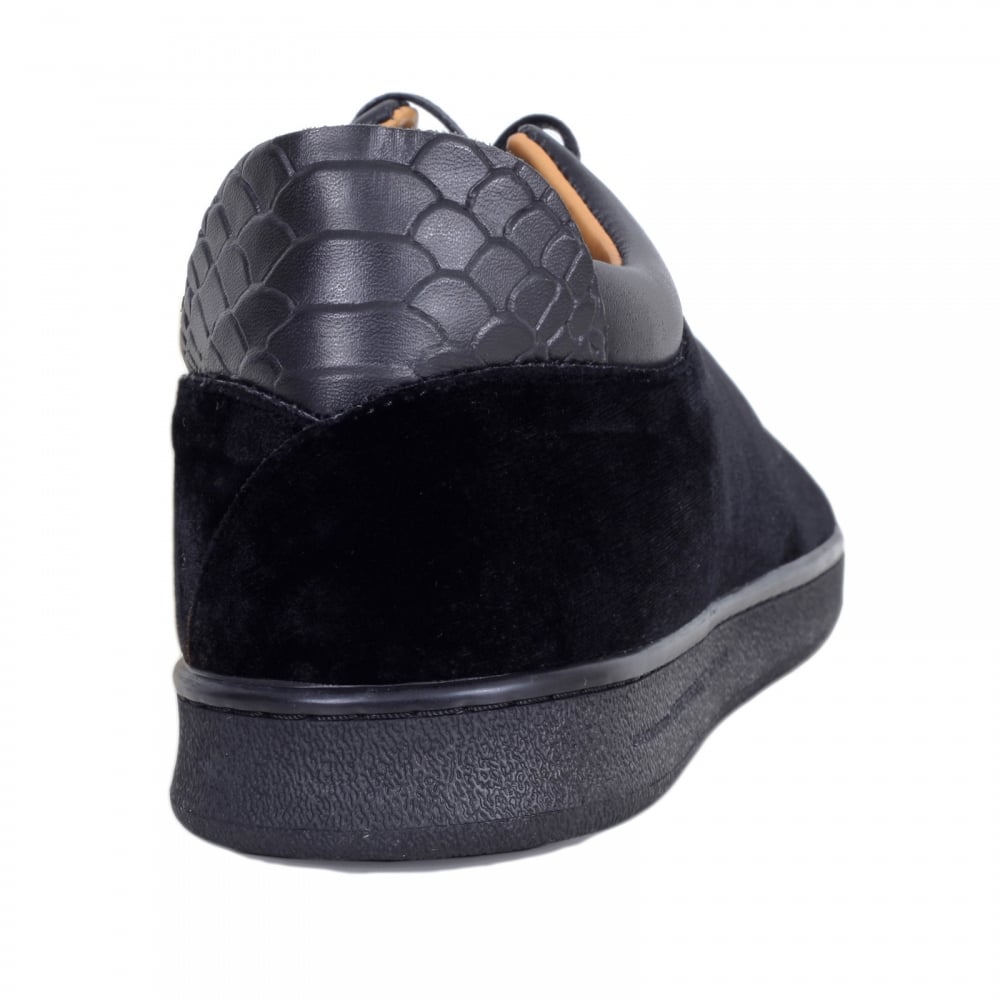 Black Velvet Getty Low Top Trainers with Python Embossed Back Heel Panel and Gold Branded Lace Eyelets