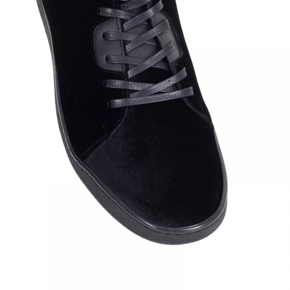 Black Velvet Getty Low Top Trainers with Python Embossed Back Heel Panel and Gold Branded Lace Eyelets