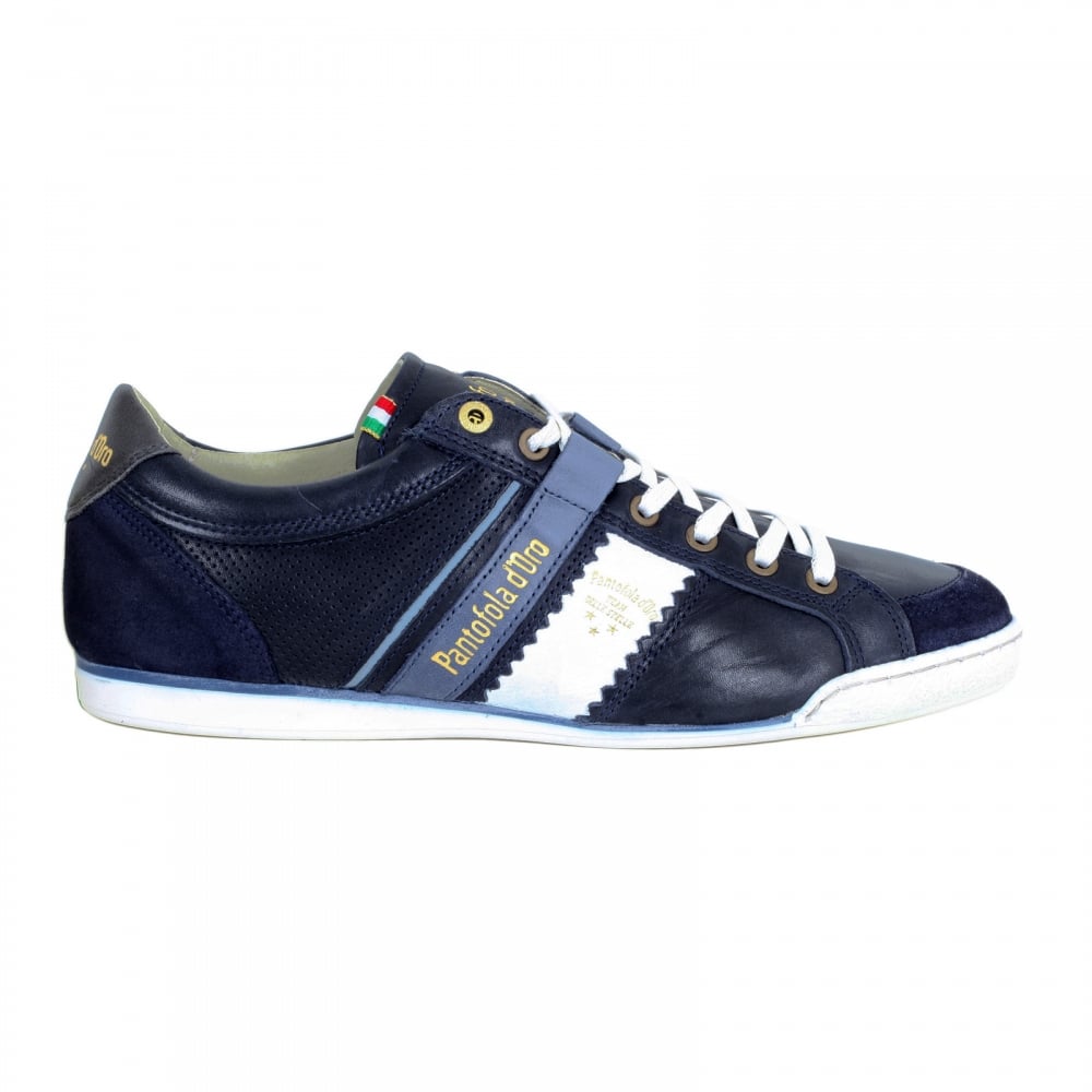 Hand Crafted Mens Low Trainers in Dress Blues 3510037 with Contrasting White Lace