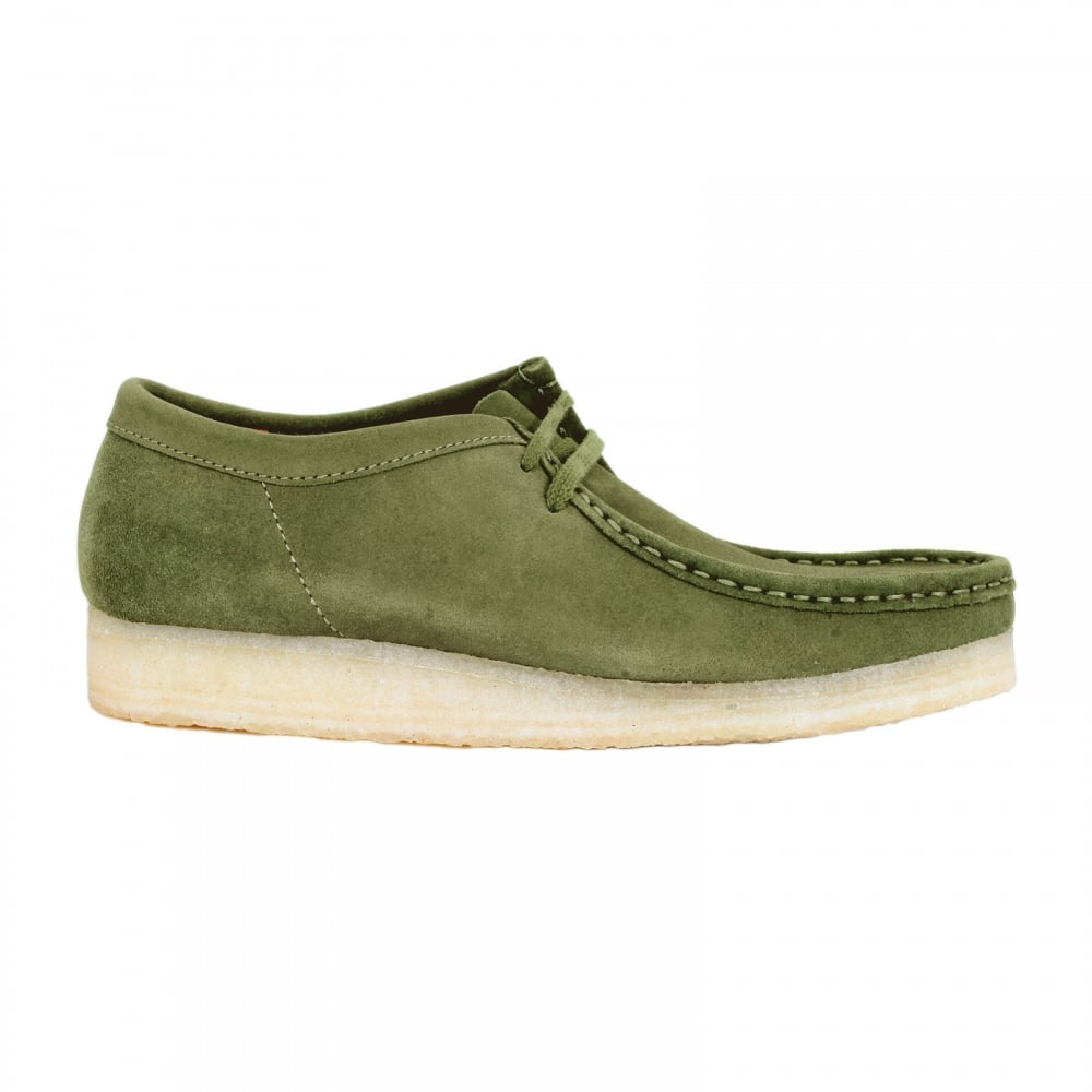 Mens Classic Moccasin Suede Shoes in Leaf Green with Crepe Sole and Apron Toe