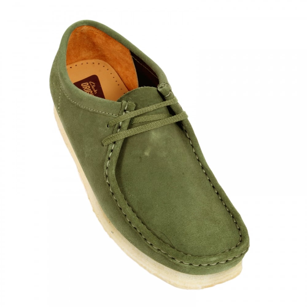 Mens Classic Moccasin Suede Shoes in Leaf Green with Crepe Sole and Apron Toe