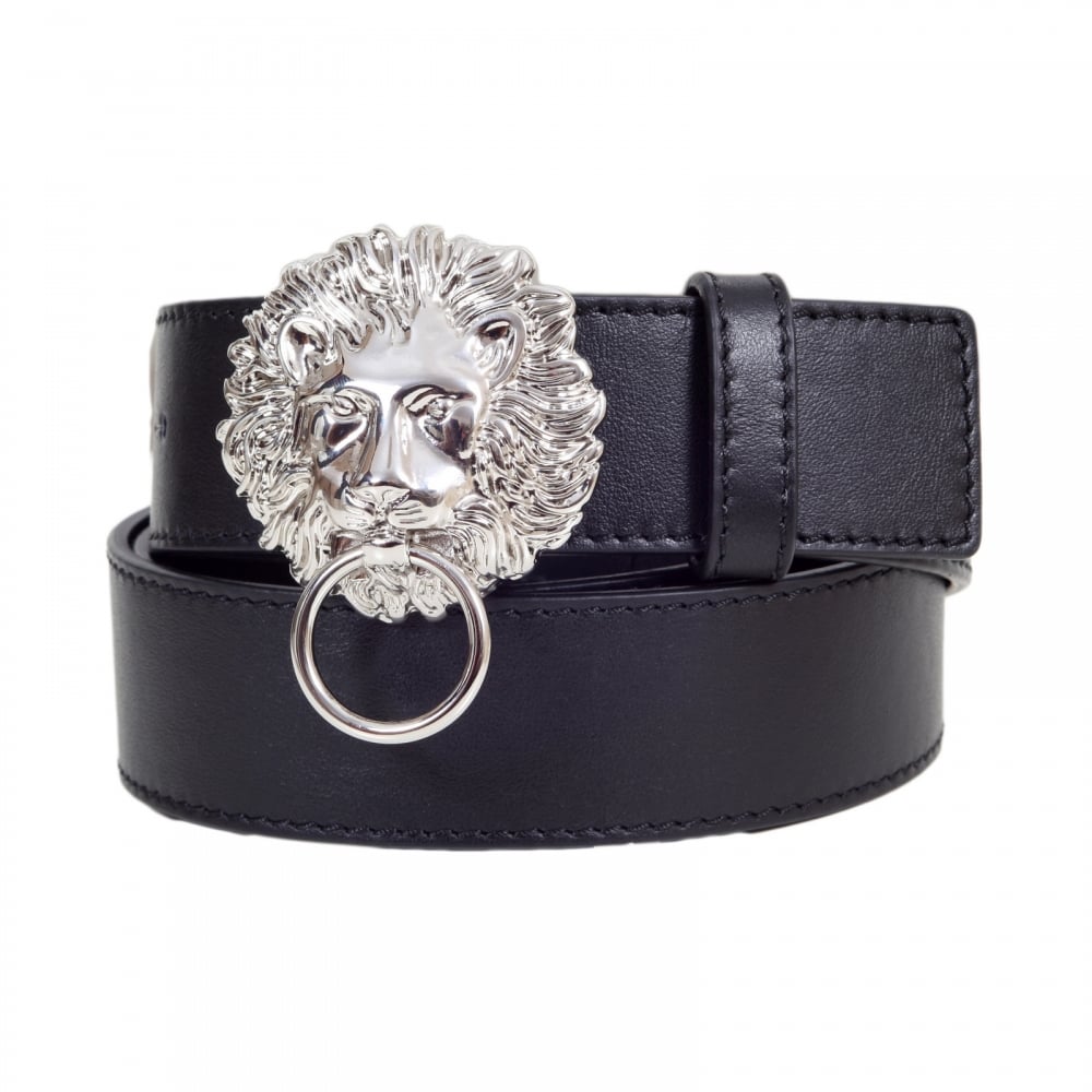 Mens Black Leather Belt FCU0048 FV10 with Lion Head and Ring Silver Buckle and Square Belt Tip