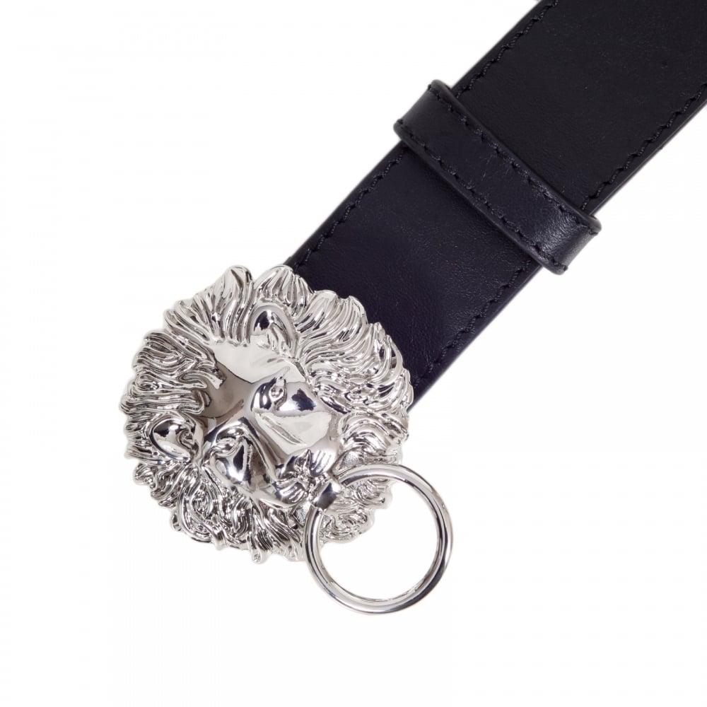 Mens Black Leather Belt FCU0048 FV10 with Lion Head and Ring Silver Buckle and Square Belt Tip