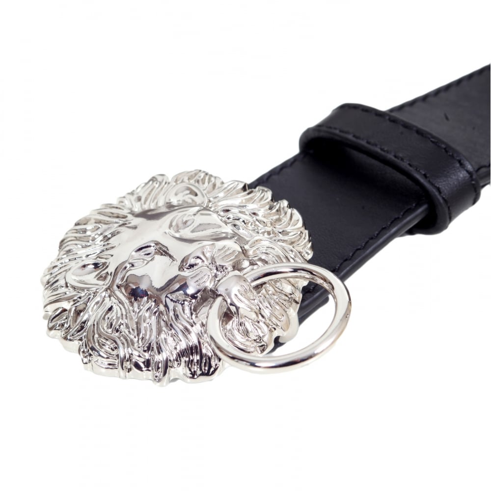 Mens Black Leather Belt FCU0048 FV10 with Lion Head and Ring Silver Buckle and Square Belt Tip