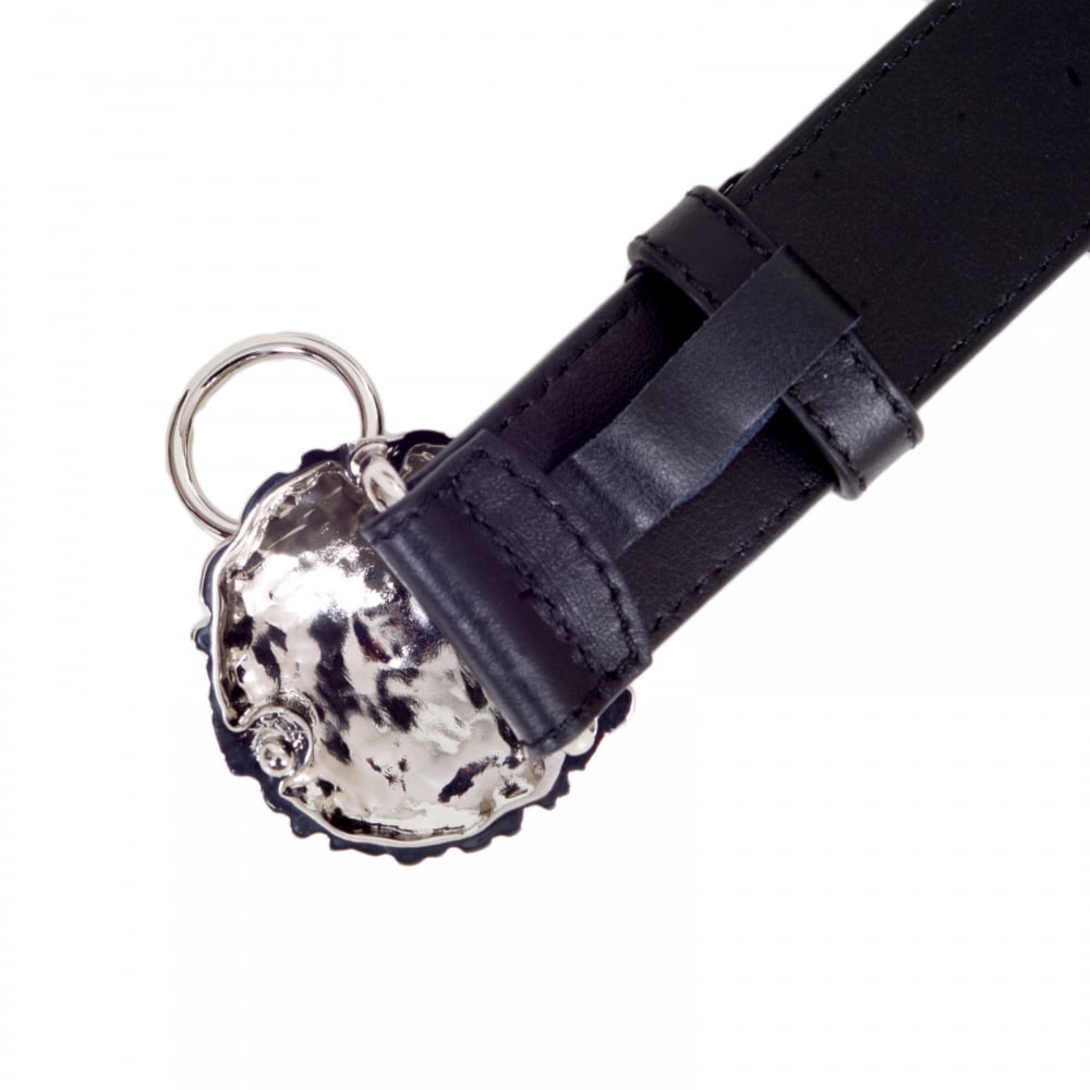 Mens Black Leather Belt FCU0048 FV10 with Lion Head and Ring Silver Buckle and Square Belt Tip