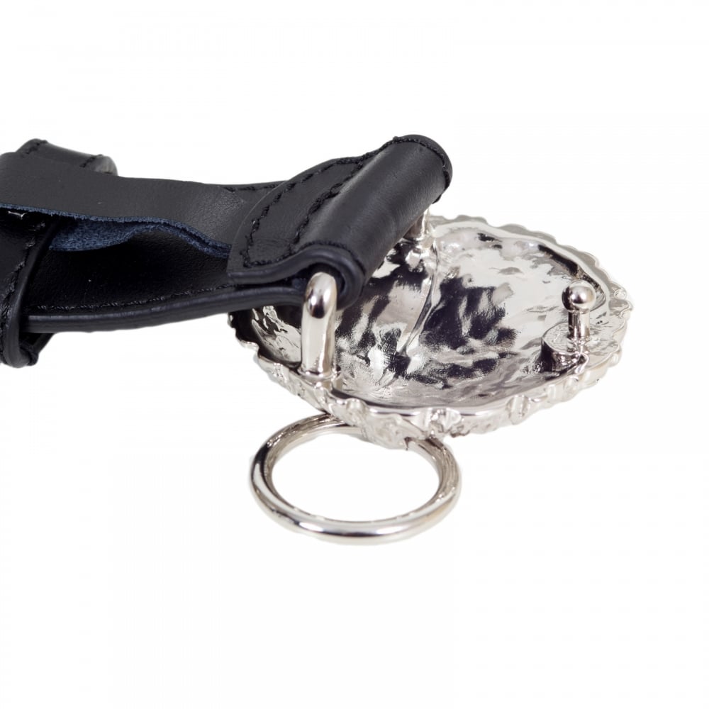 Mens Black Leather Belt FCU0048 FV10 with Lion Head and Ring Silver Buckle and Square Belt Tip