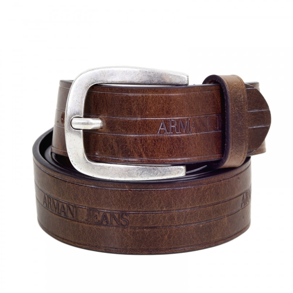 Mens Casual Brown Variegated Leather Belt with Q6120 C7 Text Logo and Dull Metal Rectangular Buckle