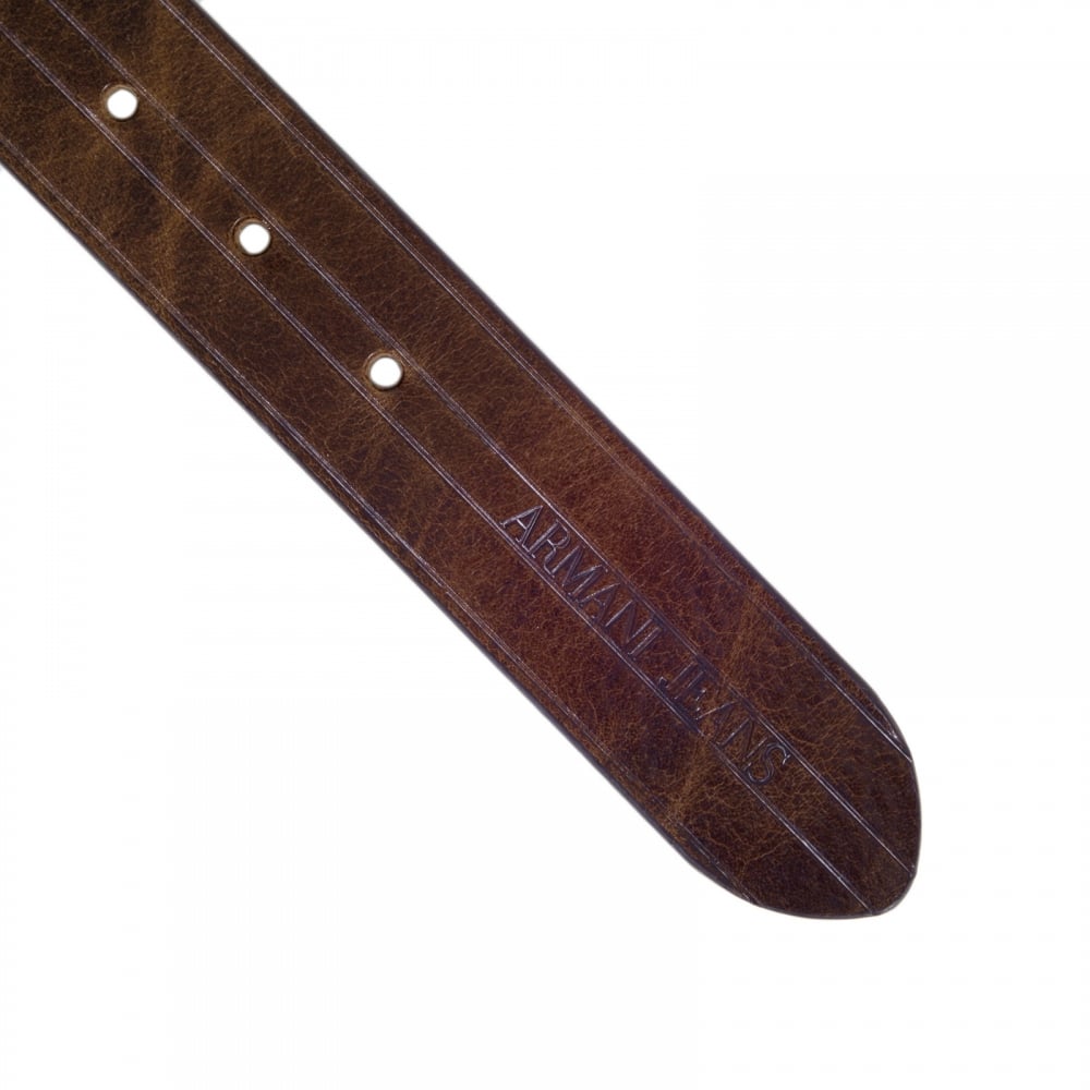 Mens Casual Brown Variegated Leather Belt with Q6120 C7 Text Logo and Dull Metal Rectangular Buckle
