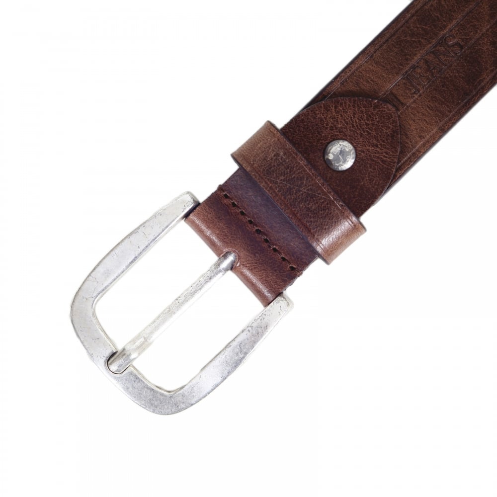 Mens Casual Brown Variegated Leather Belt with Q6120 C7 Text Logo and Dull Metal Rectangular Buckle
