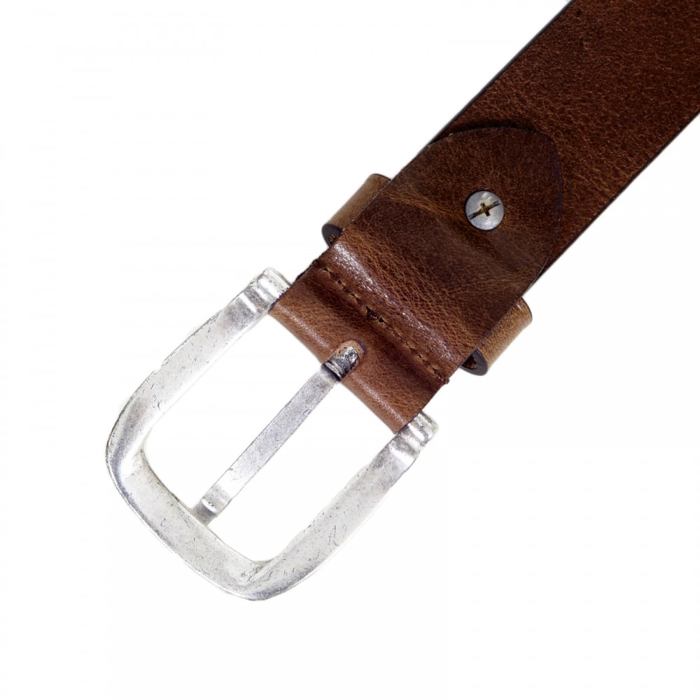 Mens Casual Brown Variegated Leather Belt with Q6120 C7 Text Logo and Dull Metal Rectangular Buckle