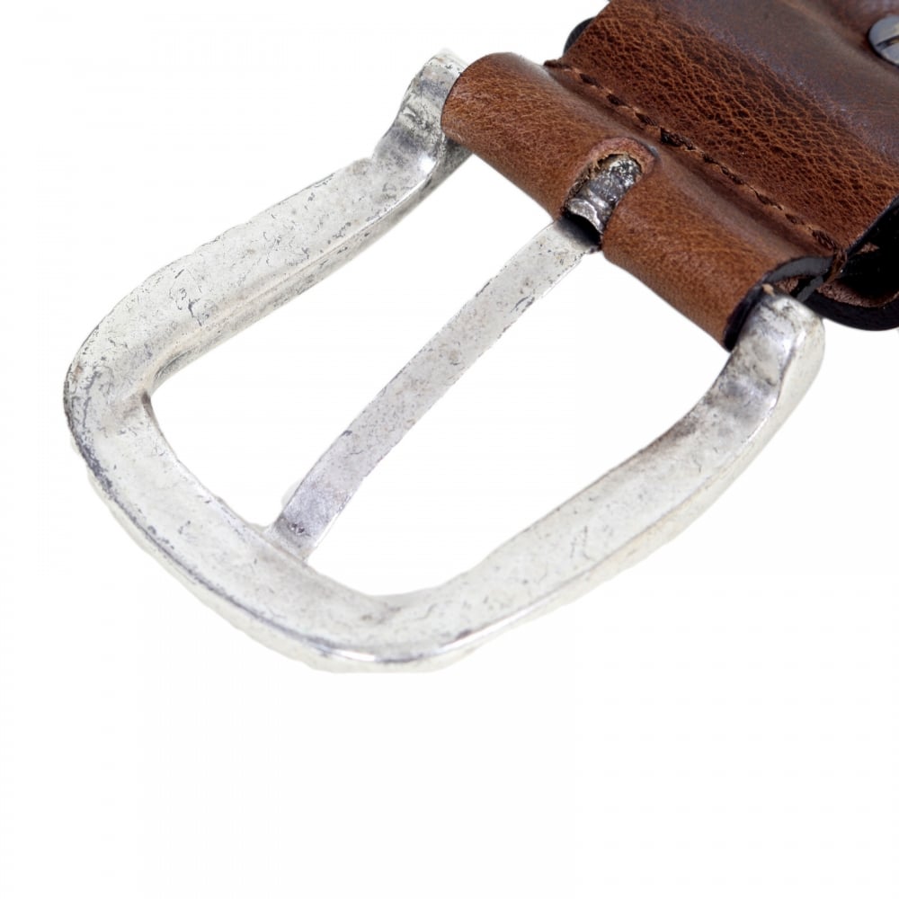 Mens Casual Brown Variegated Leather Belt with Q6120 C7 Text Logo and Dull Metal Rectangular Buckle