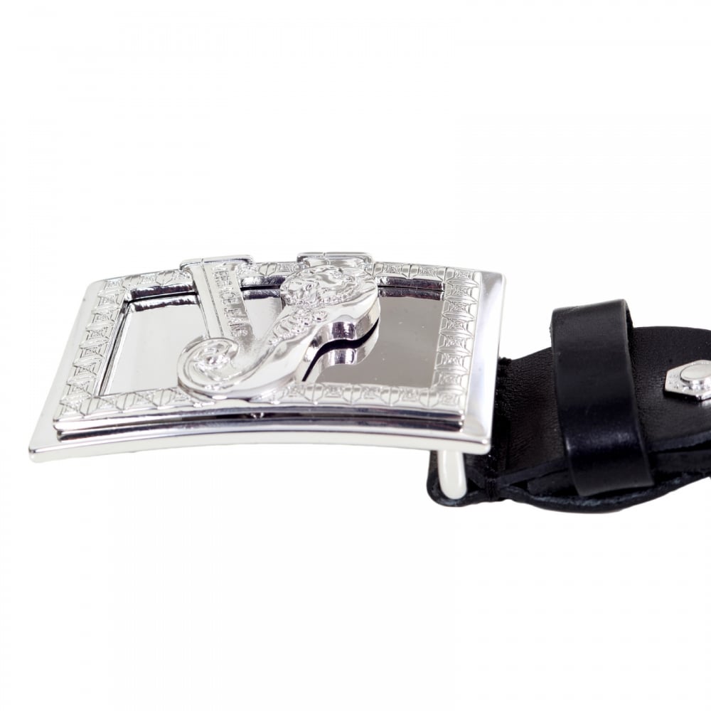 Square Tip Black Leather Belt with Logo on Large Silver Buckle and a Logo Embossed Stud at the Buckle End
