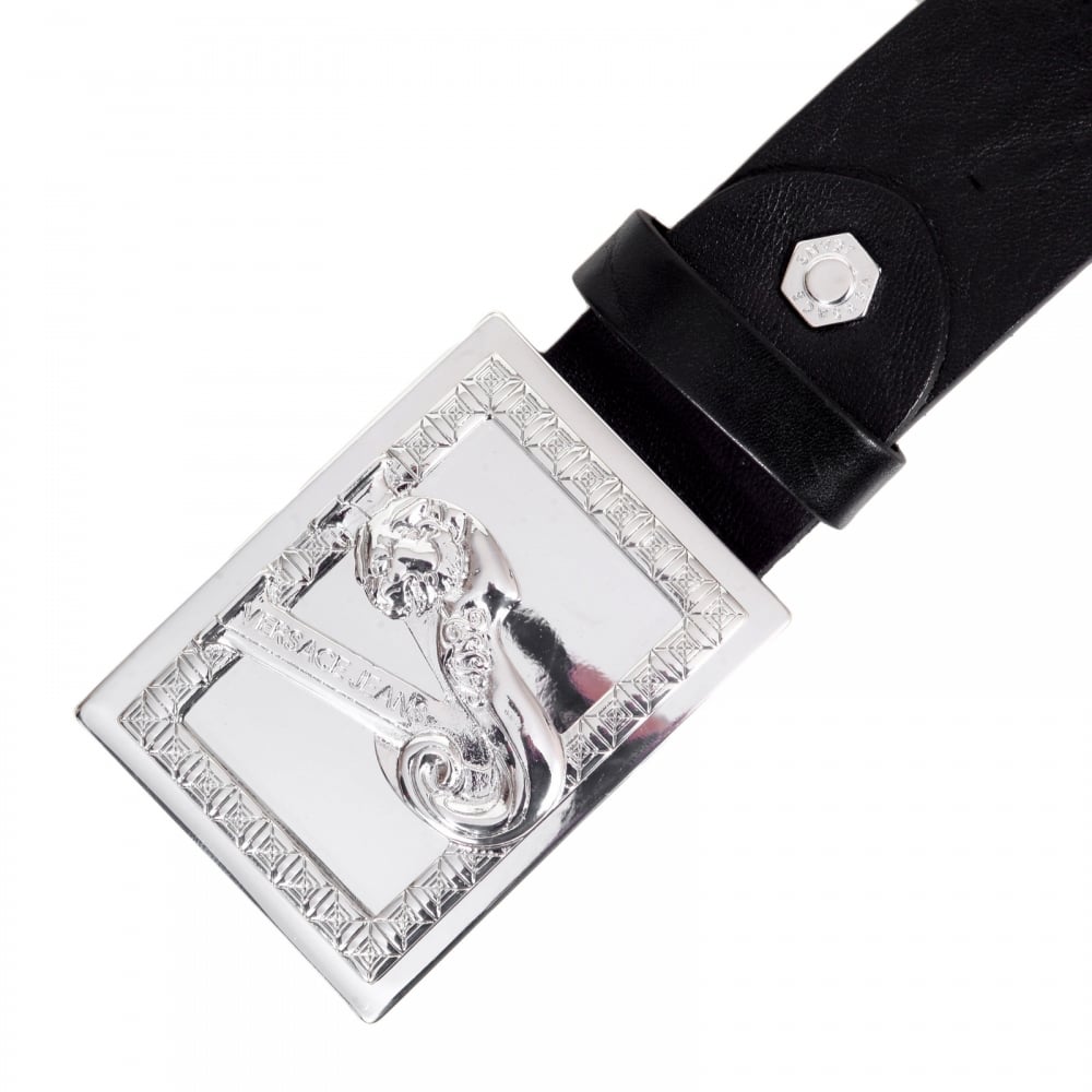 Square Tip Black Leather Belt with Logo on Large Silver Buckle and a Logo Embossed Stud at the Buckle End