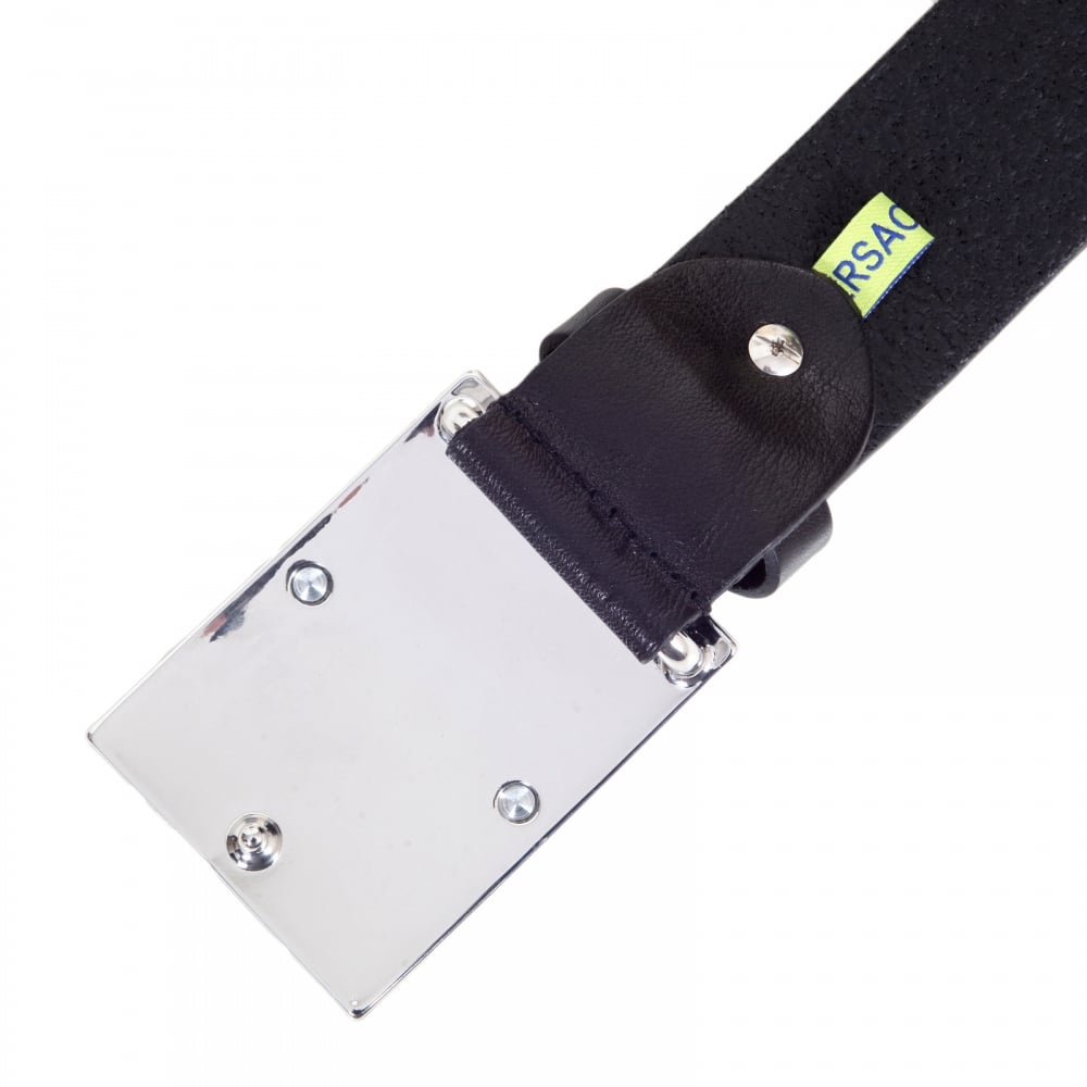Square Tip Black Leather Belt with Logo on Large Silver Buckle and a Logo Embossed Stud at the Buckle End