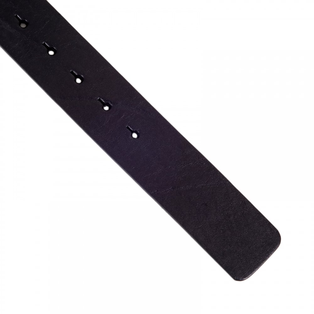 Square Tip Black Leather Belt with Logo on Large Silver Buckle and a Logo Embossed Stud at the Buckle End