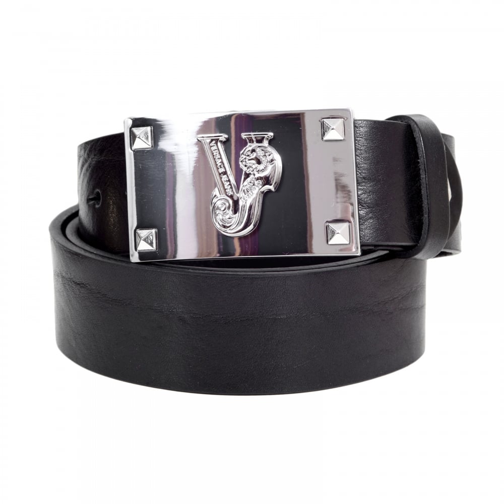 Black Leather Belt with signature VJ Logo Silver Buckle and A Square Belt Tip