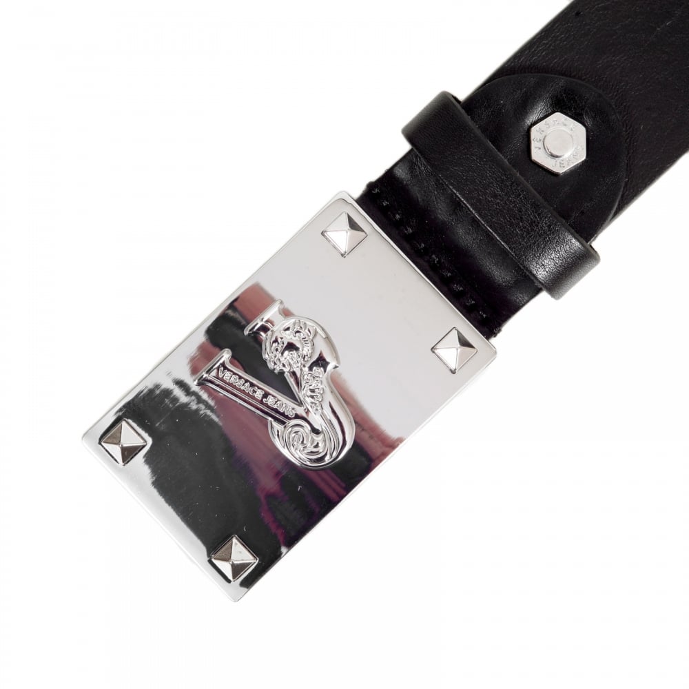 Black Leather Belt with signature VJ Logo Silver Buckle and A Square Belt Tip
