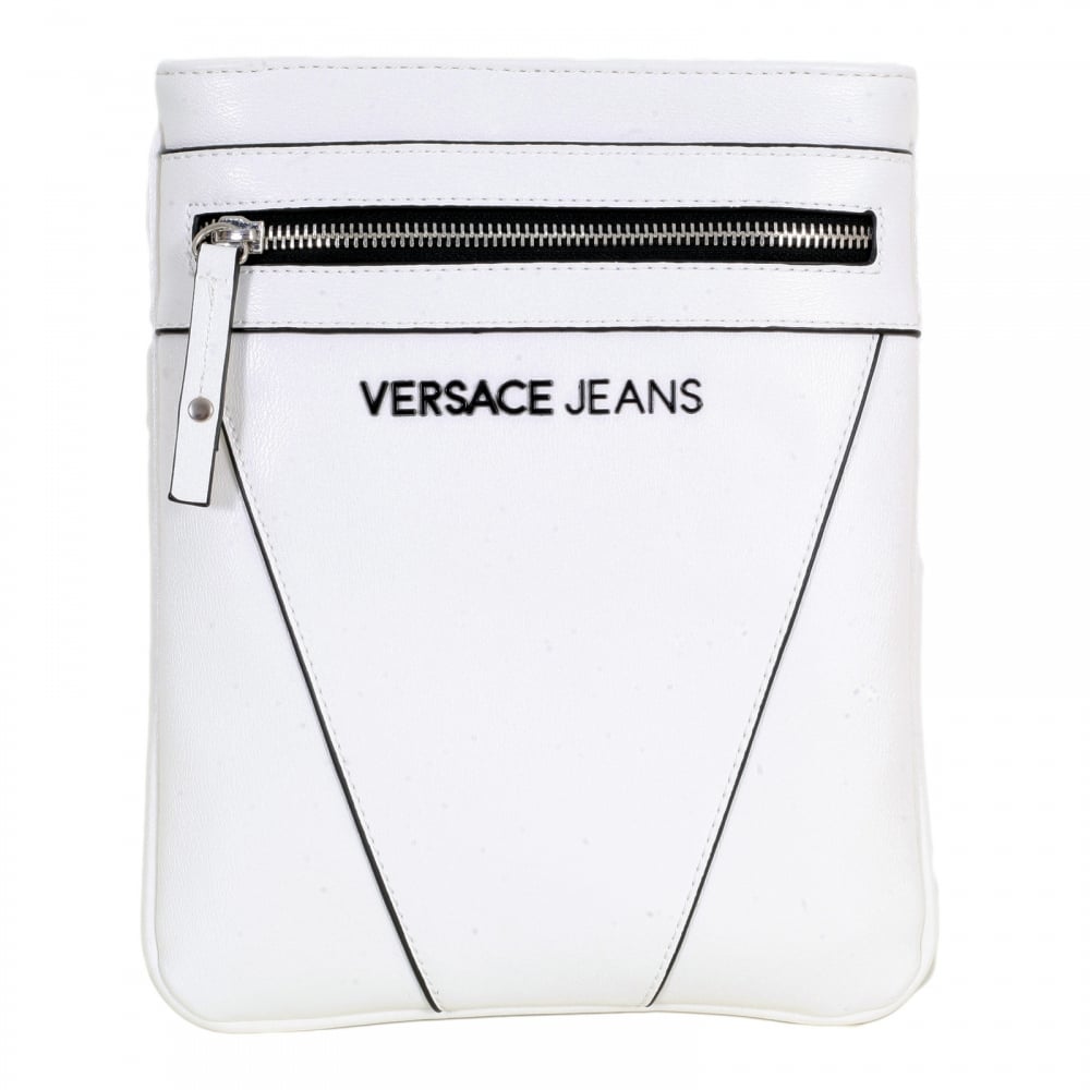 Polyester White Bag for Men with Black Piped Trim and Adjustable Canvas Shoulder Strap