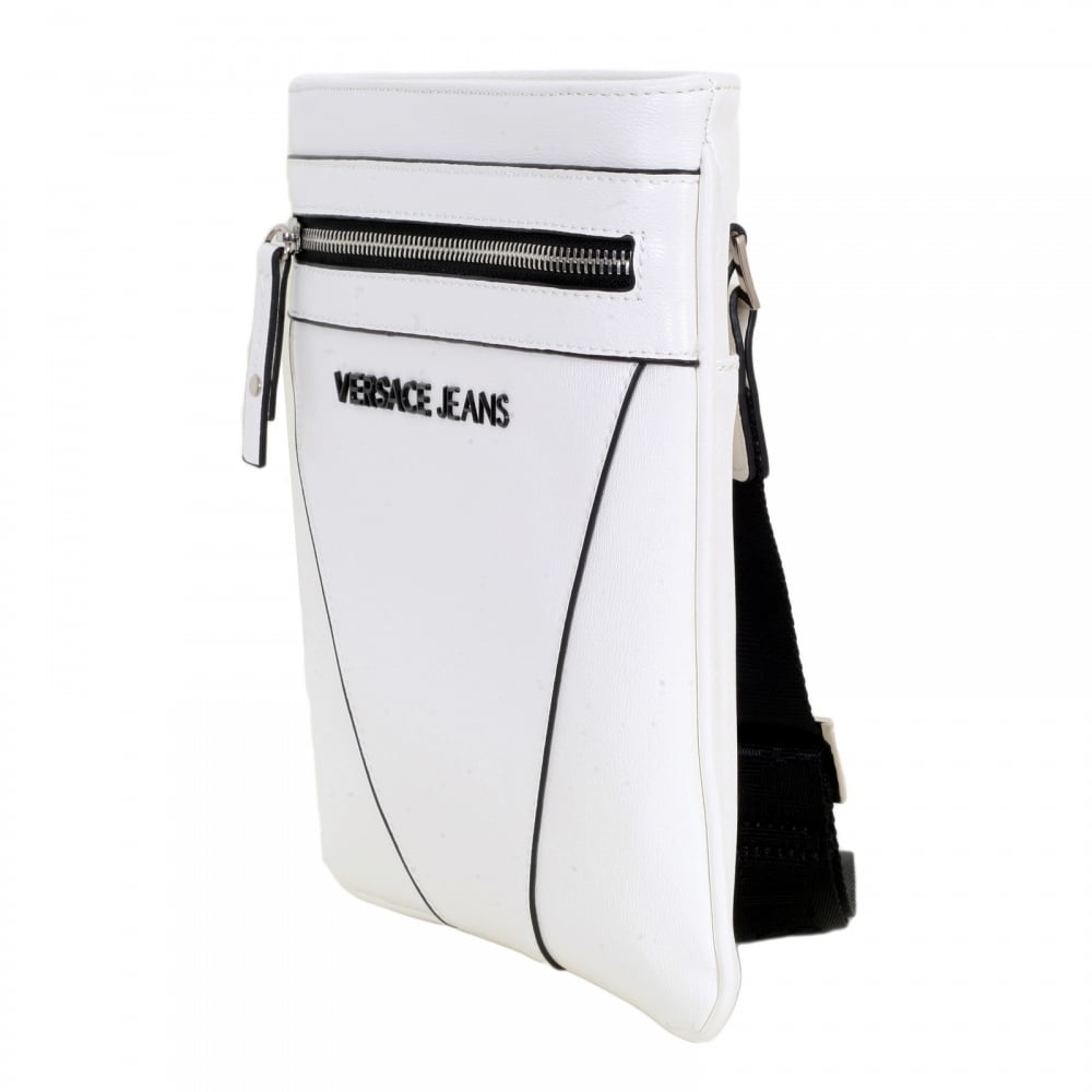 Polyester White Bag for Men with Black Piped Trim and Adjustable Canvas Shoulder Strap
