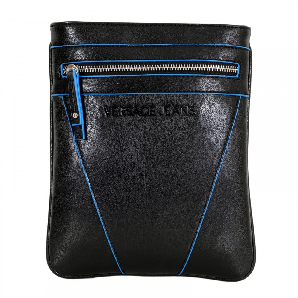 Mens Linea Basic Black Bag with Black Piped Trim and Logo Adorned Adjustable Canvas Shoulder Strap