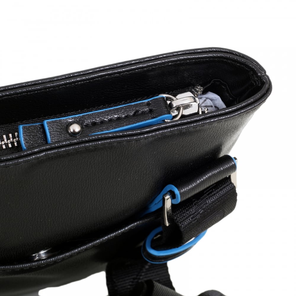 Mens Linea Basic Black Bag with Black Piped Trim and Logo Adorned Adjustable Canvas Shoulder Strap
