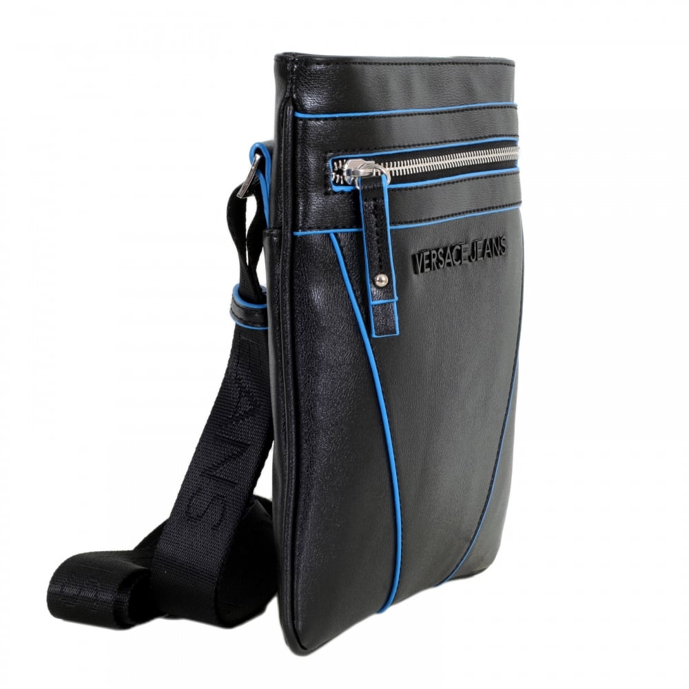 Mens Linea Basic Black Bag with Black Piped Trim and Logo Adorned Adjustable Canvas Shoulder Strap
