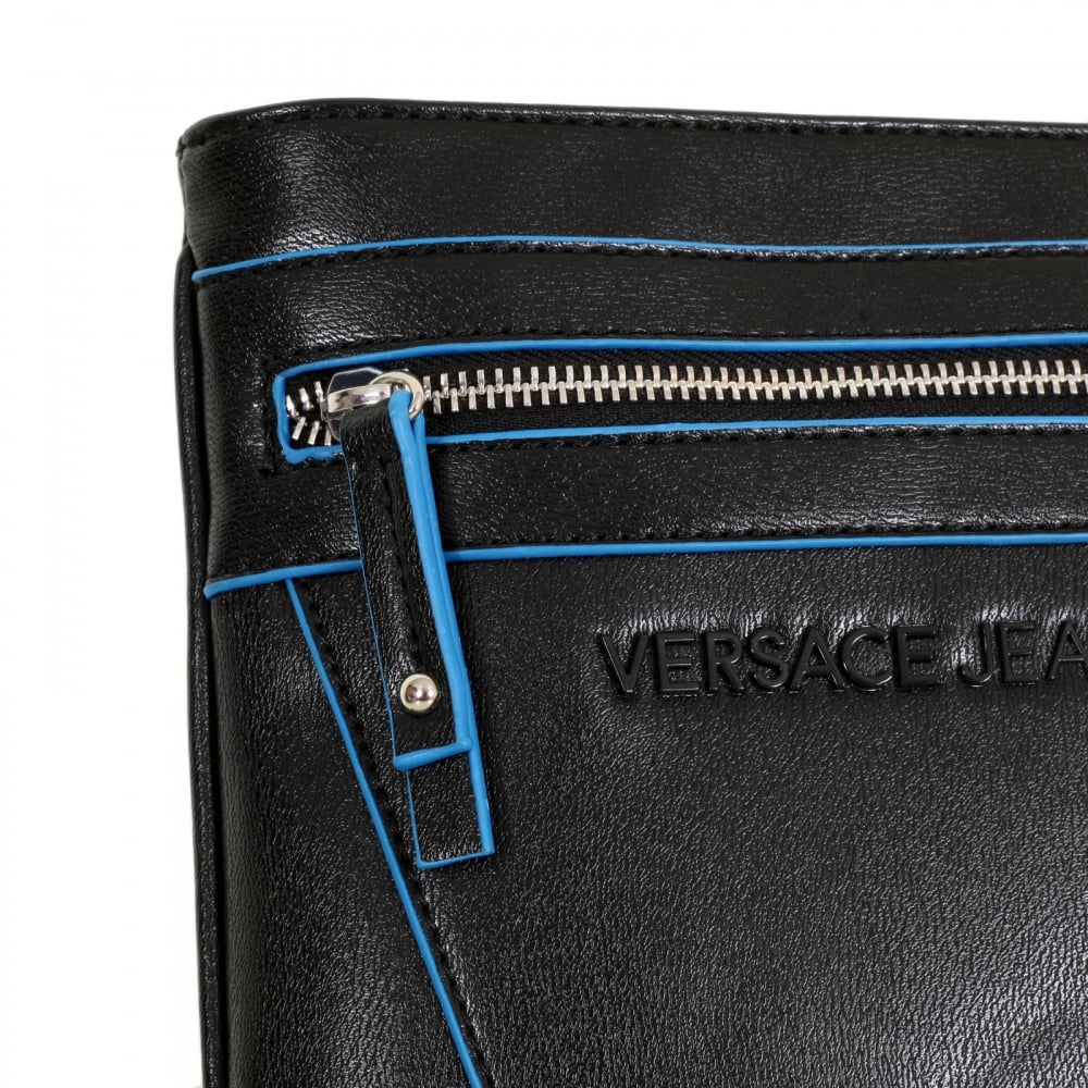 Mens Linea Basic Black Bag with Black Piped Trim and Logo Adorned Adjustable Canvas Shoulder Strap