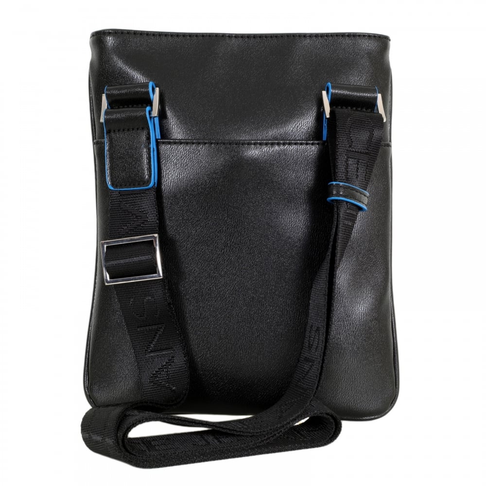 Mens Linea Basic Black Bag with Black Piped Trim and Logo Adorned Adjustable Canvas Shoulder Strap