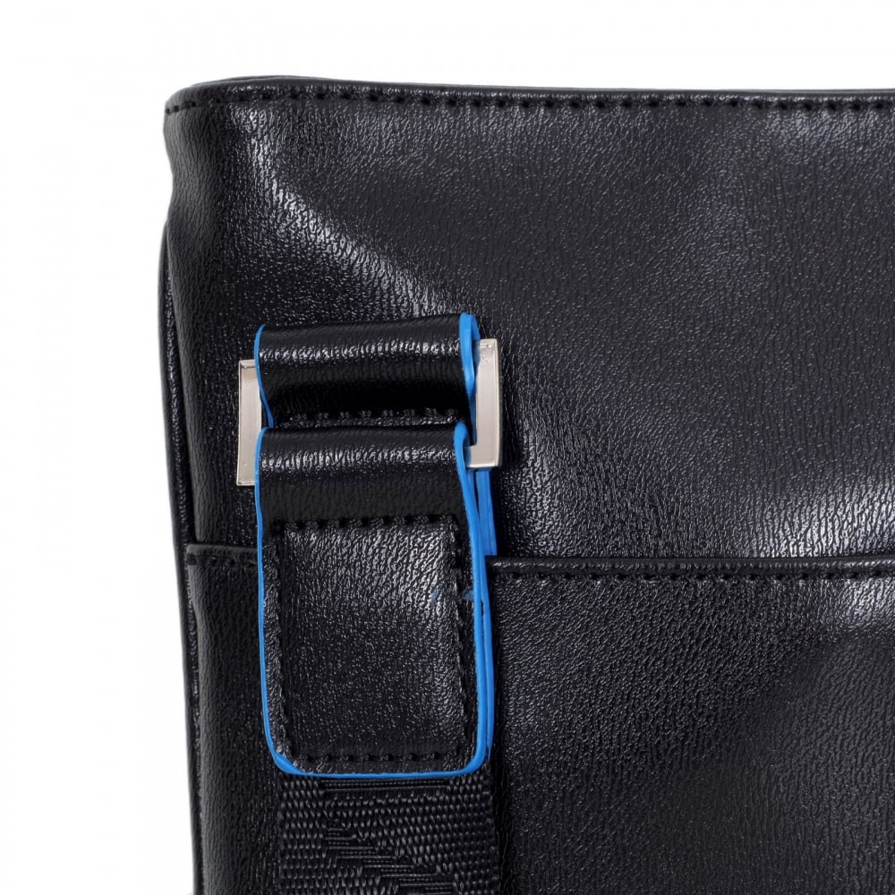 Mens Linea Basic Black Bag with Black Piped Trim and Logo Adorned Adjustable Canvas Shoulder Strap