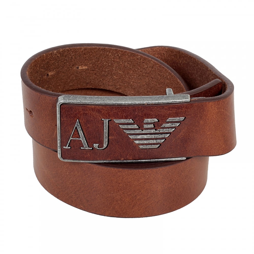 Mens Casual Leather Belt in Tan with Leather Topped Vintage Finished Rectangular Buckle
