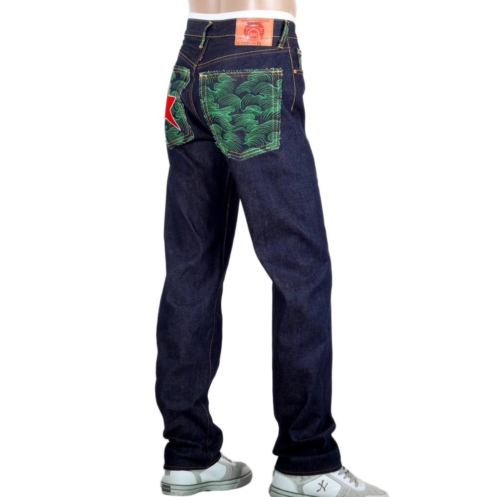 Dark Indigo Raw Denim Jeans with Embroidered British Red Star