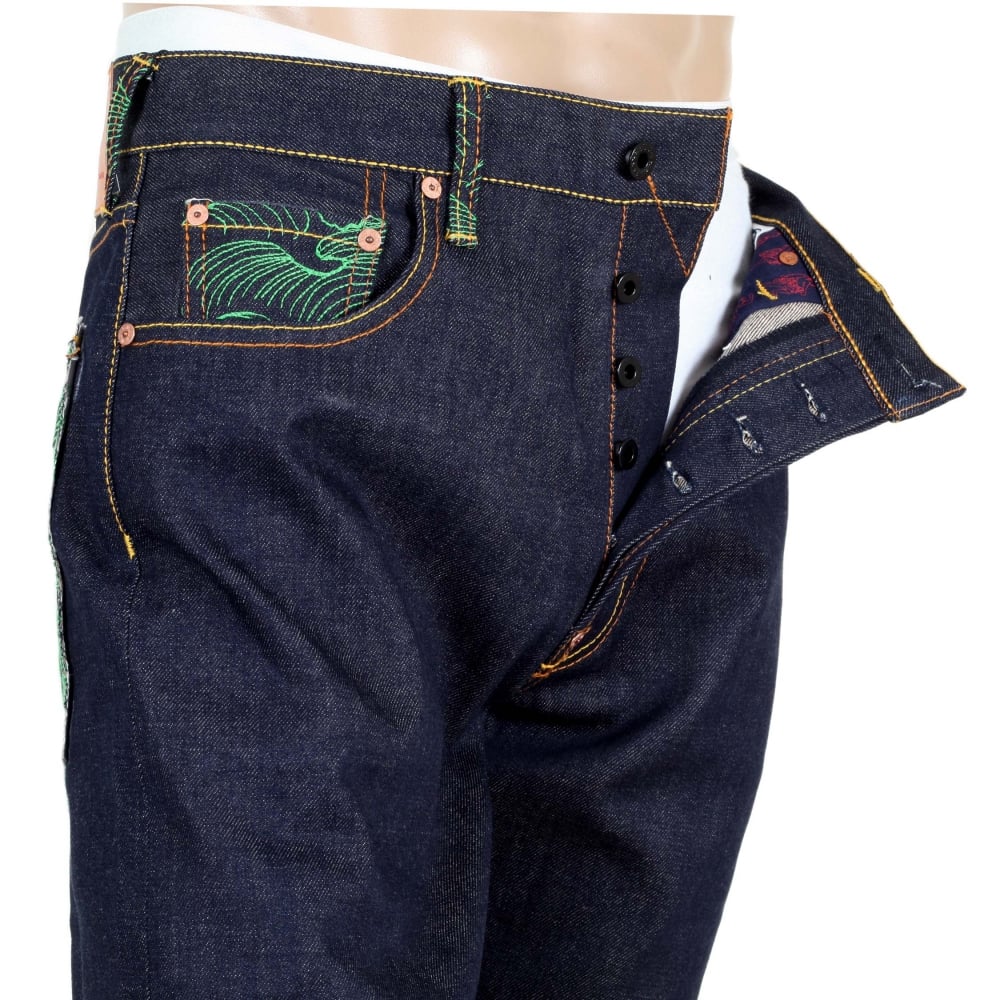 Dark Indigo Raw Denim Jeans with Embroidered British Red Star
