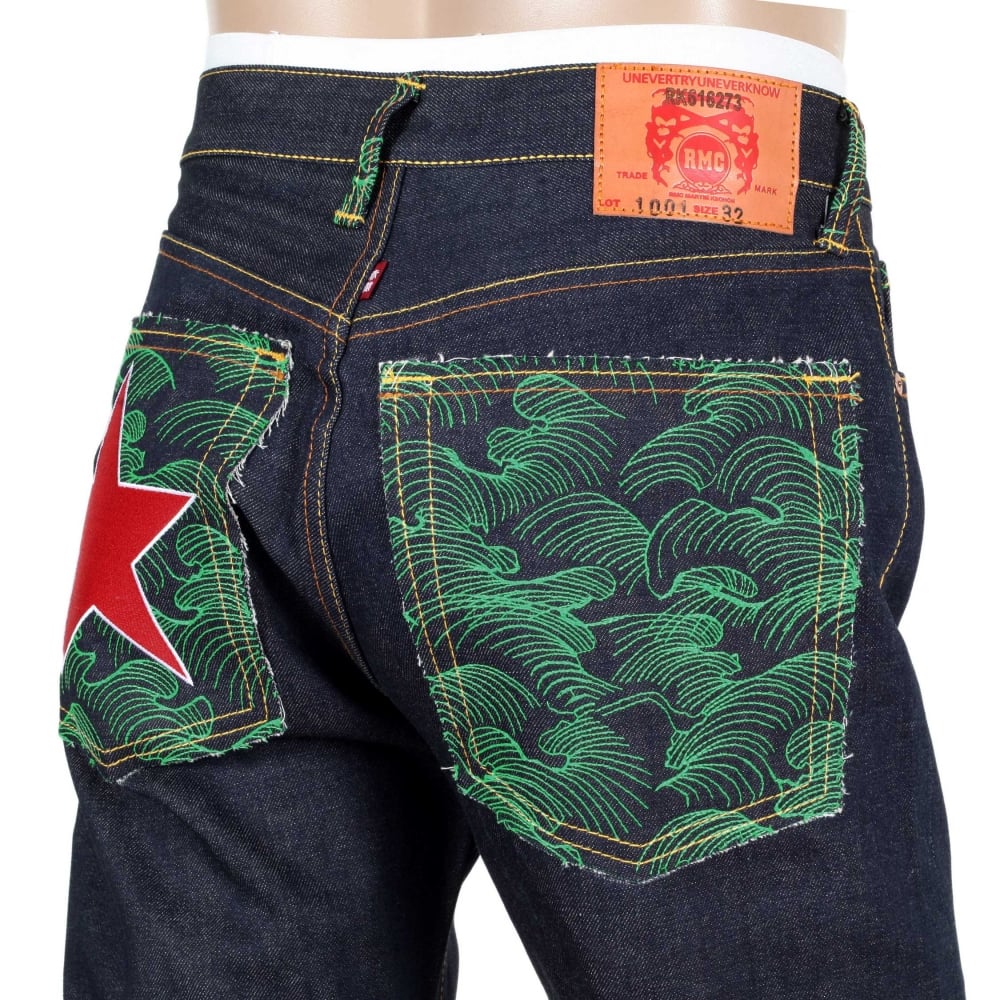 Dark Indigo Raw Denim Jeans with Embroidered British Red Star
