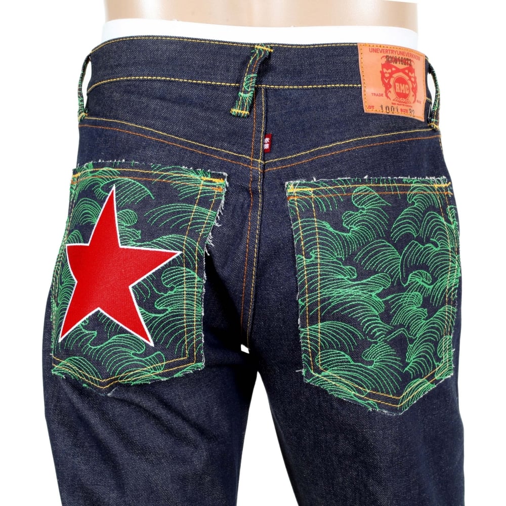 Dark Indigo Raw Denim Jeans with Embroidered British Red Star