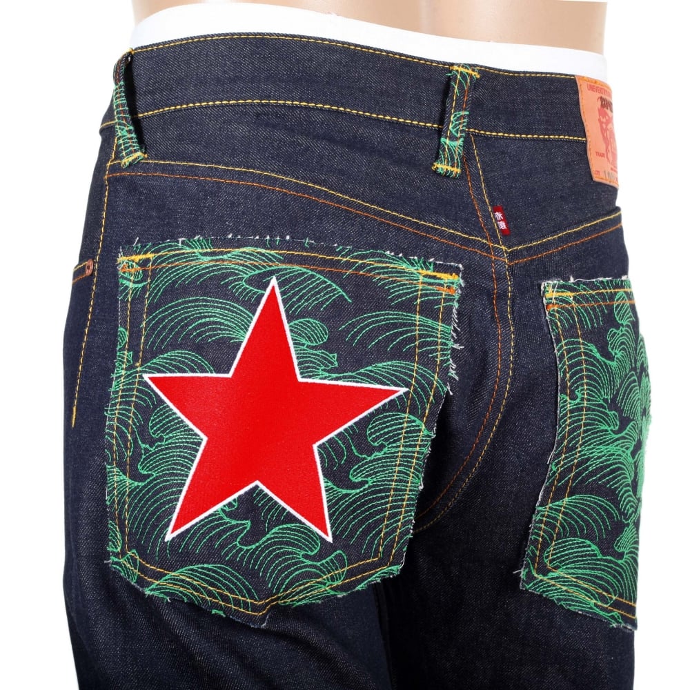 Dark Indigo Raw Denim Jeans with Embroidered British Red Star